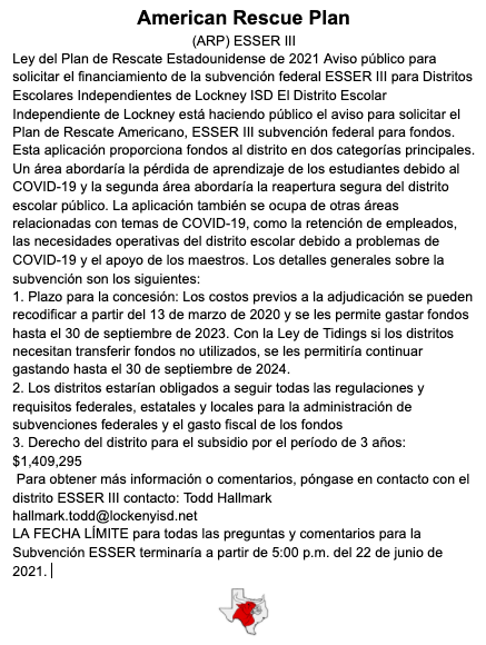 ESSER III Public Notice (spanish)